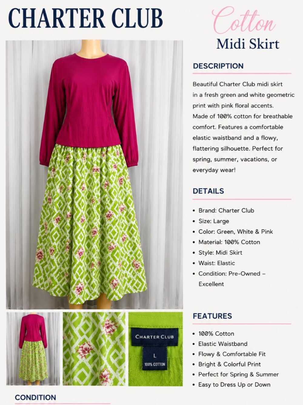 🌸100% Cotton🌸Charter Club Floral Skirt